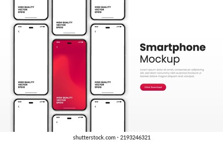 3D realistic high quality smartphone mockup isolated with white blank screen. Smart phone mockup collection. Device front view. 3D mobile phone with shadow on white background.