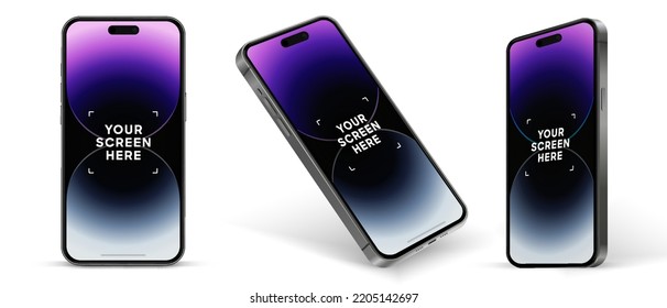 3D realistic high quality smartphone mockup with isolated background. Smart phone mockup collection. Device front view. 3D mobile phone with shadow on white background.