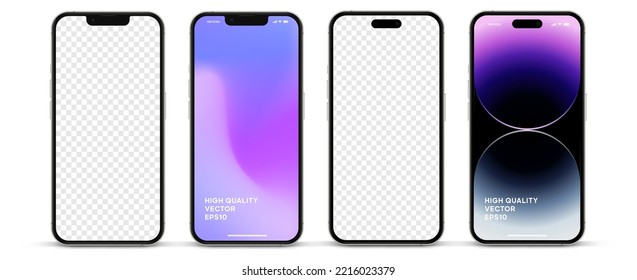 3D realistic high quality smartphone mockup with isolated background. Smart phone mockup collection. Device front view. 3D mobile phone with shadow on white background.