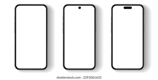 3D realistic high quality smartphone mockup with isolated background. Smart phone mockup collection. Device front view. 3D mobile phone with shadow on white background.