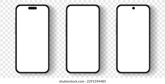 3D realistic high quality smartphone mockup with isolated background. Smart phone mockup collection. Device front view. 3D mobile phone with shadow on white background.