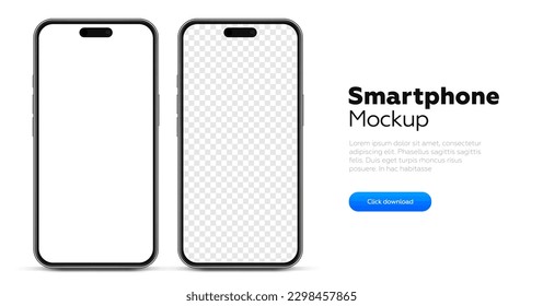 3D realistic high quality smartphone mockup with isolated background. Smart phone mockup collection. Device front view. 3D mobile phone with shadow on white background.