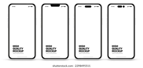 3D realistic high quality smartphone mockup with isolated background. Smart phone mockup collection. Device front view. 3D mobile phone with shadow on white background.