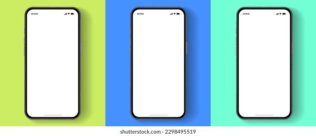 3D realistic high quality smartphone mockup with isolated background. Smart phone mockup collection. Device front view. 3D mobile phone with shadow on white background.