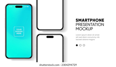 3D realistic high quality smartphone mockup with isolated background. Smart phone mockup collection. Device front view. 3D mobile phone with shadow on white background.