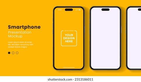 3D realistic high quality smartphone mockup with isolated background. Smart phone mockup collection. Device front view. 3D mobile phone with shadow on white background.