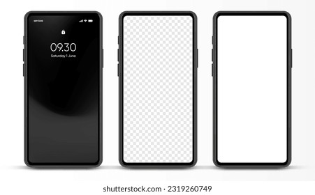 3D realistic high quality smartphone mockup with isolated background. Smart phone mockup collection. Device front view. 3D mobile phone with shadow on white background.