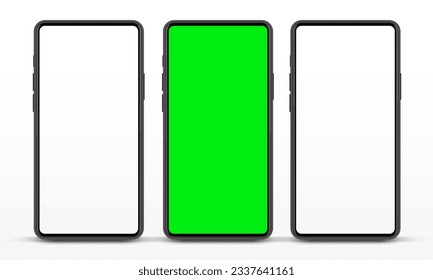 Modelación de smartphone 3D realista de alta calidad con un fondo aislado. Colección de simulación de teléfonos inteligentes. Vista frontal del dispositivo. Teléfono móvil 3D con sombra sobre fondo blanco.