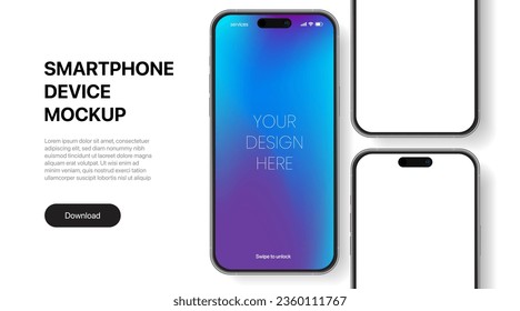 3D realistic high quality smartphone mockup with isolated background. Smart phone mockup collection. Device front view. 3D mobile phone with shadow on white background.