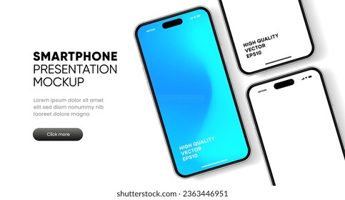 3D realistic high quality smartphone mockup with isolated background. Smart phone mockup collection. Device front view. 3D mobile phone with shadow on white background.