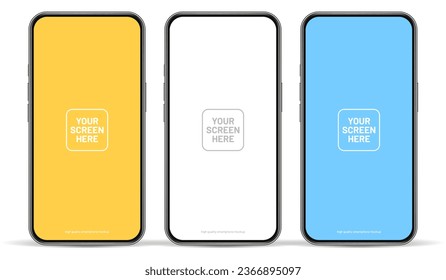 3D realistic high quality smartphone mockup with isolated background. Smart phone mockup collection. Device front view. 3D mobile phone with shadow on white background.