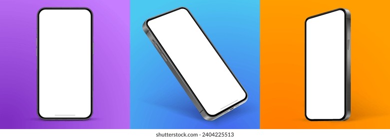 3D realistic high quality smartphone mockup with isolated background. Smart phone mockup collection. Device front view. 3D mobile phone with shadow on white background.