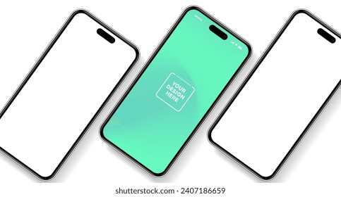 Modelación de smartphone 3D realista de alta calidad con un fondo aislado. Colección de simulación de teléfonos inteligentes. Vista frontal del dispositivo. Teléfono móvil 3D con sombra sobre fondo blanco.