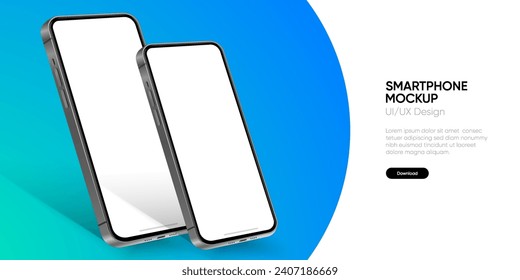 3D realistic high quality smartphone mockup with isolated background. Smart phone mockup collection. Device front view. 3D mobile phone with shadow on white background.