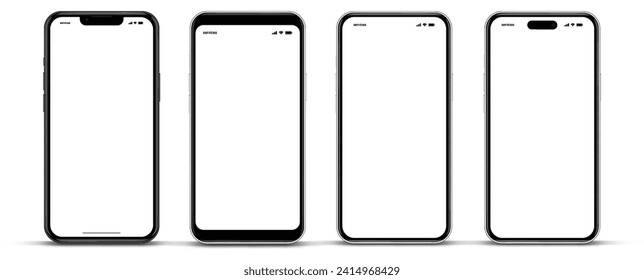 3D realistic high quality smartphone mockup with isolated background. Smart phone mockup collection. Device front view. 3D mobile phone with shadow on white background.