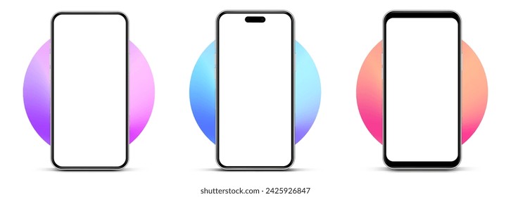 3D realistic high quality smartphone mockup with isolated background. Smart phone mockup collection. Device front view. 3D mobile phone with shadow on white background.