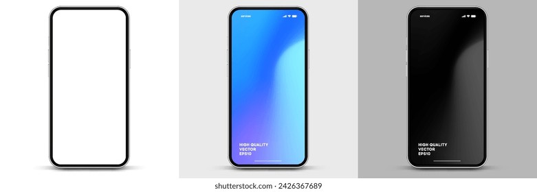 3D realistische hochwertige Smartphone Mockup mit isoliertem Hintergrund. Smartphone Mockup-Sammlung. Gerätevorderansicht. 3D-Handy mit Schatten auf weißem Hintergrund.