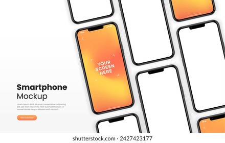 3D realistic high quality smartphone mockup with isolated background. Smart phone mockup collection. Device front view. 3D mobile phone with shadow on white background.