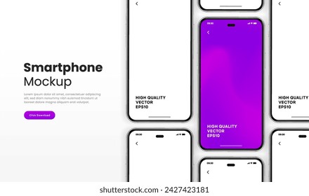 3D realistic high quality smartphone mockup with isolated background. Smart phone mockup collection. Device front view. 3D mobile phone with shadow on white background.