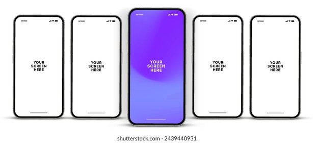 3D realistic high quality smartphone mockup with isolated background. Smart phone mockup collection. Device front view. 3D mobile phone with shadow on white background.