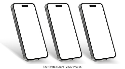 3D realistic high quality smartphone mockup with isolated background. Smart phone mockup collection. Device front view. 3D mobile phone with shadow on white background.