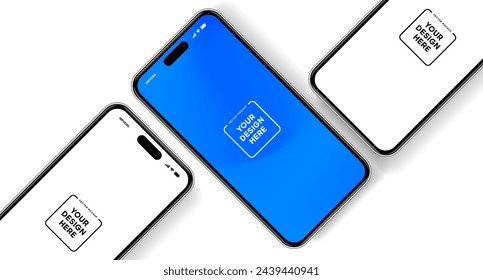 3D realistic high quality smartphone mockup with isolated background. Smart phone mockup collection. Device front view. 3D mobile phone with shadow on white background.