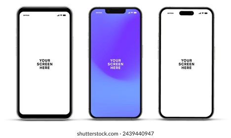 3D realistische hochwertige Smartphone Mockup mit isoliertem Hintergrund. Smartphone Mockup-Sammlung. Gerätevorderansicht. 3D-Handy mit Schatten auf weißem Hintergrund.