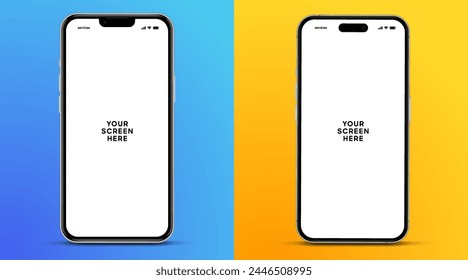 3D realistische hochwertige Smartphone Mockup mit isoliertem Hintergrund. Kollektion für Smartphone-Attrappen. Gerätevorderansicht. 3D-Handy mit Schatten auf weißem Hintergrund.