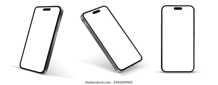 3D realistic high quality smartphone mockup with isolated background. Smart phone mockup collection. Device front view. 3D mobile phone with shadow on white background.