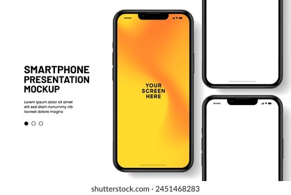3D realistic high quality smartphone mockup with isolated background. Smart phone mockup collection. Device front view. 3D mobile phone with shadow on white background.