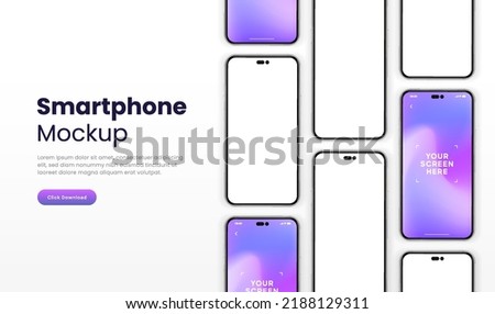 3D realistic high quality smartphone mockup isolated with white blank screen. Smart phone mockup collection. Device front view. 3D mobile phone with shadow on white background.