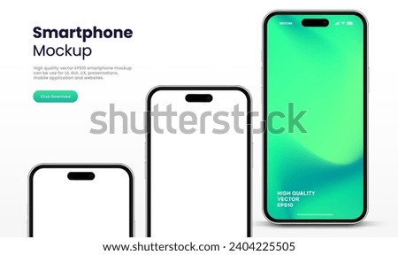 3D realistic high quality smartphone mockup with isolated background. Smart phone mockup collection. Device front view. 3D mobile phone with shadow on white background.