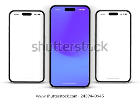 3D realistic high quality smartphone mockup with isolated background. Smart phone mockup collection. Device front view. 3D mobile phone with shadow on white background.