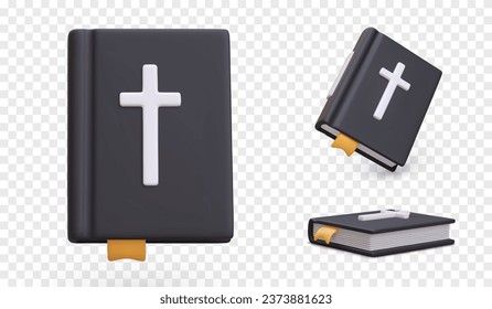 3d realistic holy Bible with bookmark in different positions. Concepts of Christianity. Religious belief, faith concept. Vector illustration in 3d style