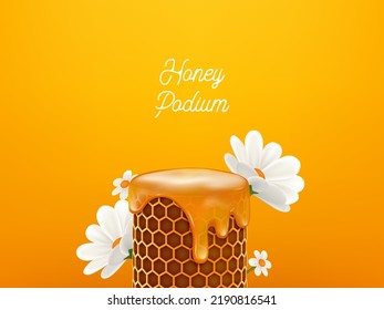 3d realistic honey comb podium tube with honey drip and white flower againts yellow background wall. vector