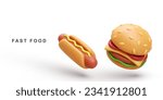 3d realistic Hot Dog and Hamburger on white background. Vector illustration.