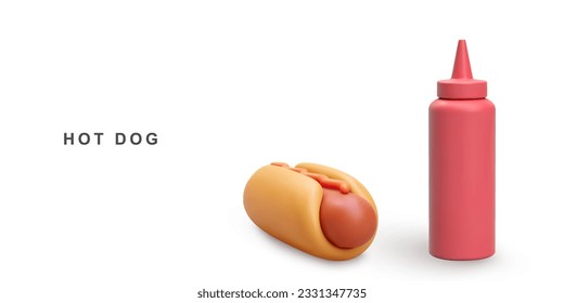 3d realistic Hot Dog and ketchup on white background. Vector illustration.