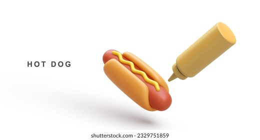 3d realistic Hot Dog and mustard ketchup on white background. Vector illustration.