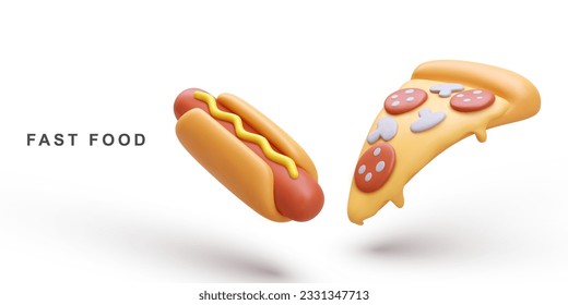 3d realistic Hot Dog and Pizza on white background. Vector illustration.