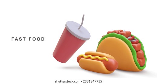 3d realistic Hot Dog, Taco and soda on white background. Vector illustration.