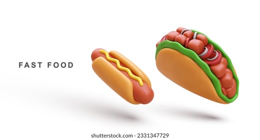 3d realistic Hot Dog and Taco on white background. Vector illustration.