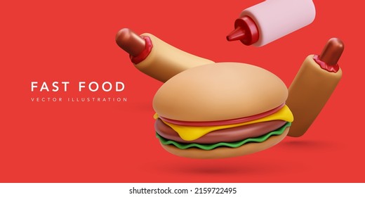 3d realistic hot dogs and hamburger isolated on red background. Vector illustration