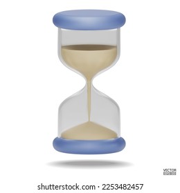 3D Realistic Hourglass with Sand isolated on white background. Blue Sandglass icon, Sand clock, Timer Logo, hourglass Symbol. 3D Vector Illustration.