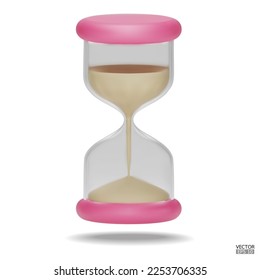 3D Hourglass realista con arena aislada sobre fondo blanco. Icono de cristal de arena rosado, reloj de arena, logotipo de temporizador, símbolo de vidrio de color. Ilustración de vectores 3D.