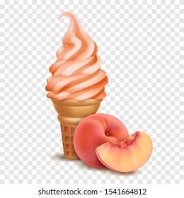 3d realistic ice cream cone with fresh peaches on transparent background