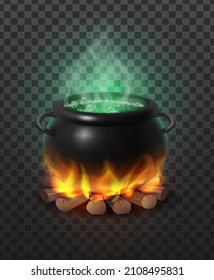 3d realistic icon. Black witch cauldron on campfire on wood with inside magical bubling green potion. On transparent background.