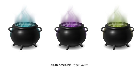 3d realistic icon. Black witch cauldrons on campfire with wood with inside magical bubling green, purple, blue potion. Isolated on white background.