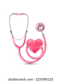 3d realistic icon. Breast cancer awareness concept. Medical stethoscope with heart banner. 