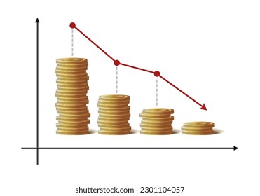 3d realistic icon. Gold coins chart going down.