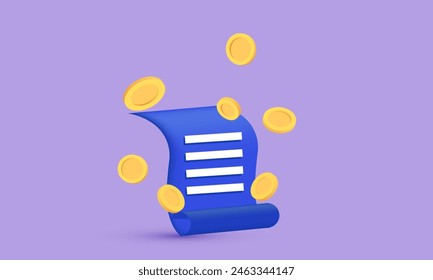 3d realistic icon pay coins paper bill transaction receipt payment vector design.vector icon 3d illustration